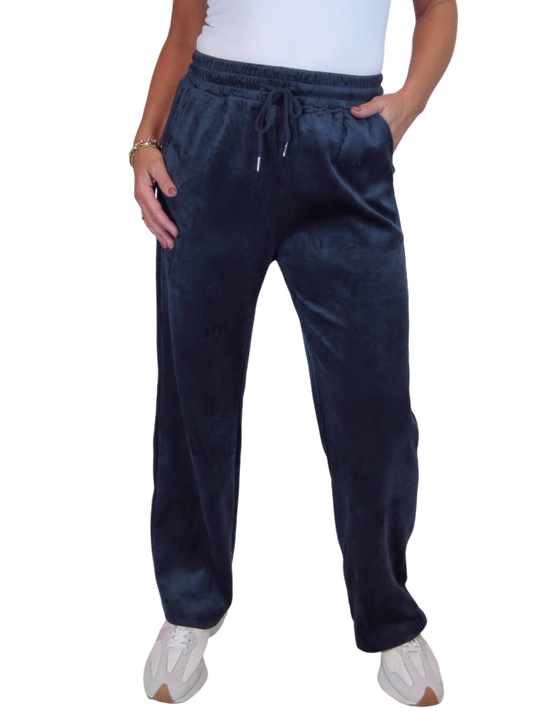 Straight Leg Elastic Waist Corduroy Trousers Navy Blue