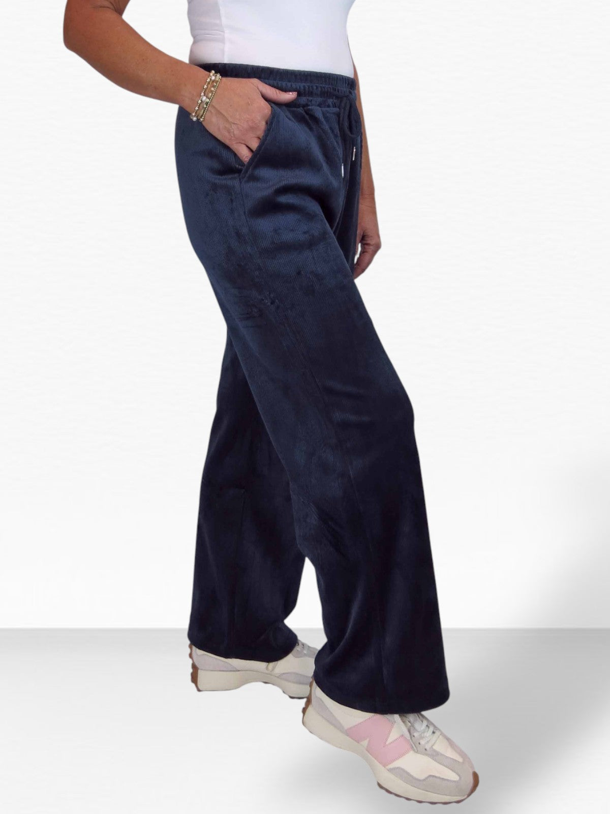 Straight Leg Elastic Waist Corduroy Trousers Navy Blue