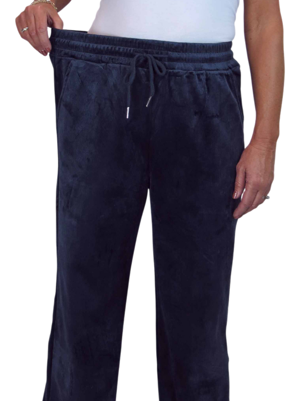 Straight Leg Elastic Waist Corduroy Trousers Navy Blue