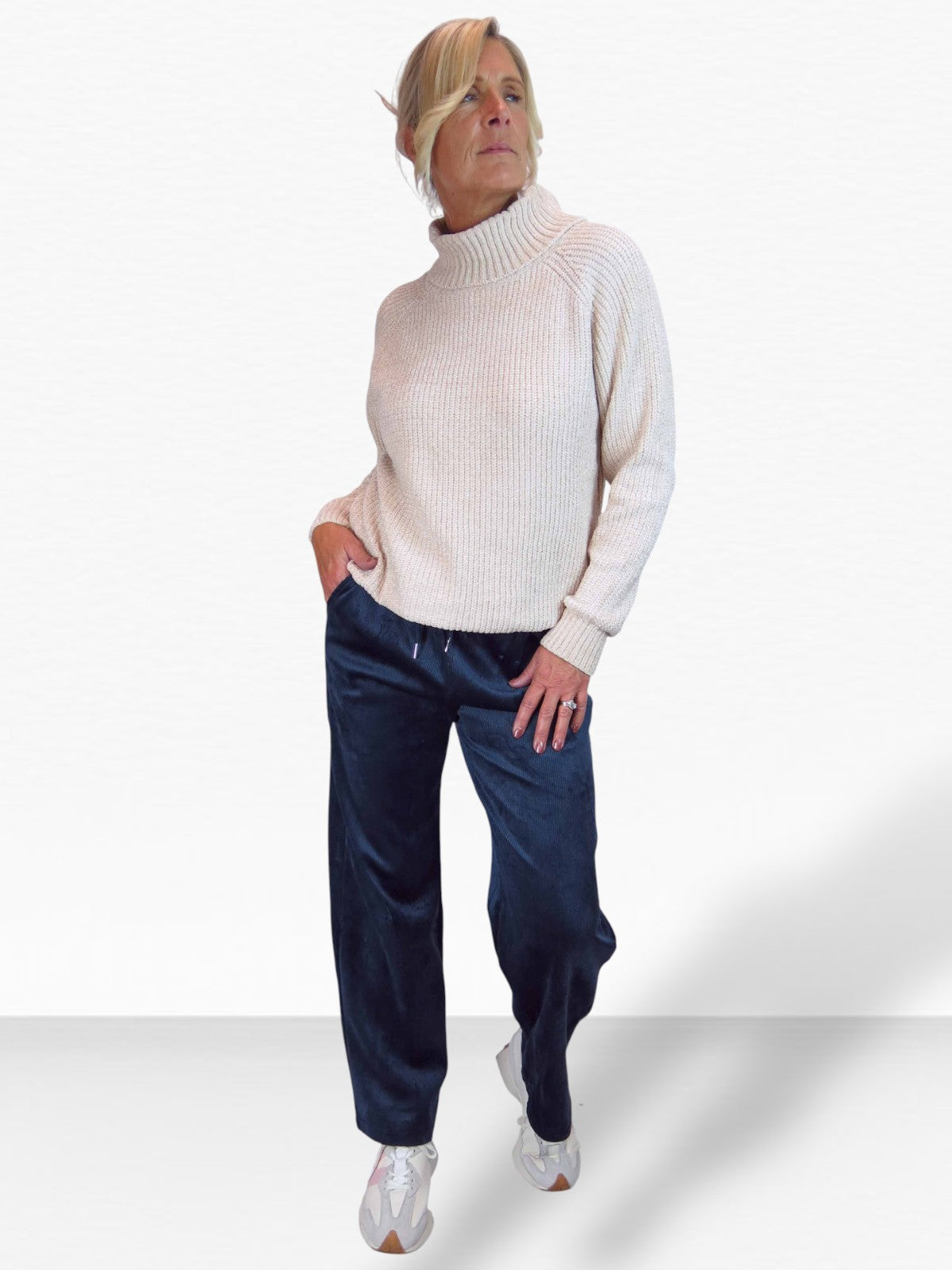 Straight Leg Elastic Waist Corduroy Trousers Navy Blue