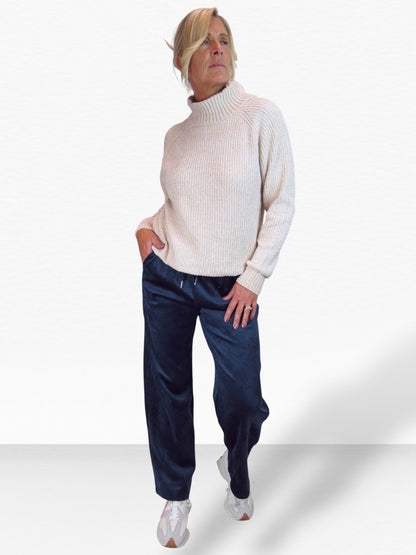 Straight Leg Elastic Waist Corduroy Trousers Navy Blue