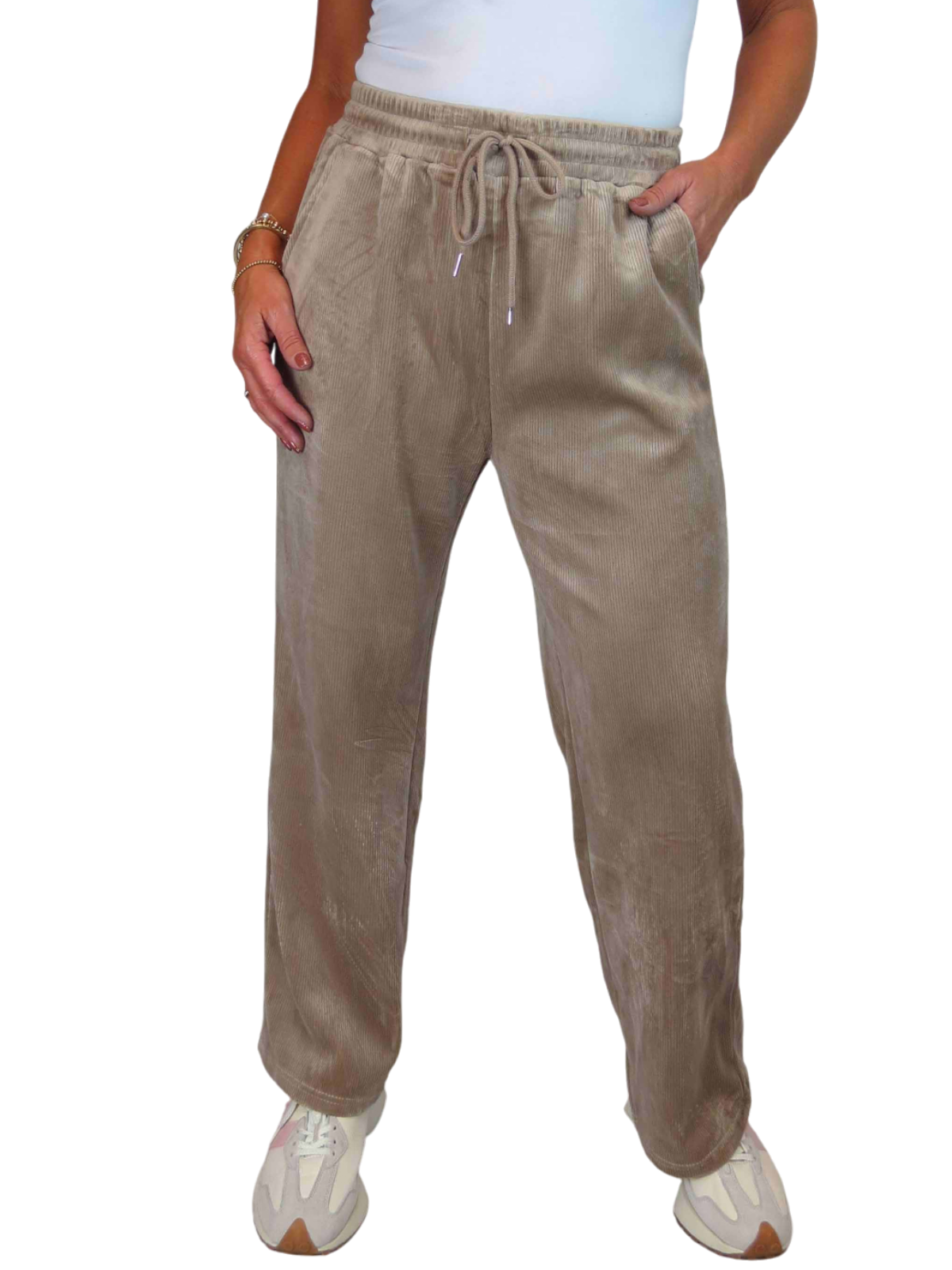 Straight Leg Elastic Waist Corduroy Trousers Beige