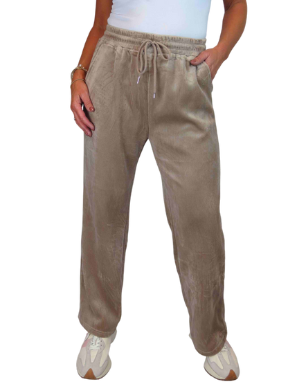 Straight Leg Elastic Waist Corduroy Trousers Beige