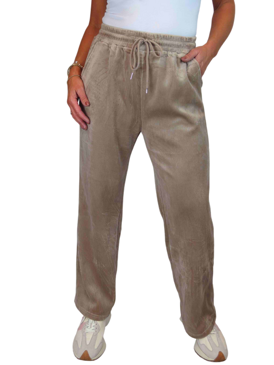 Straight Leg Elastic Waist Corduroy Trousers Beige