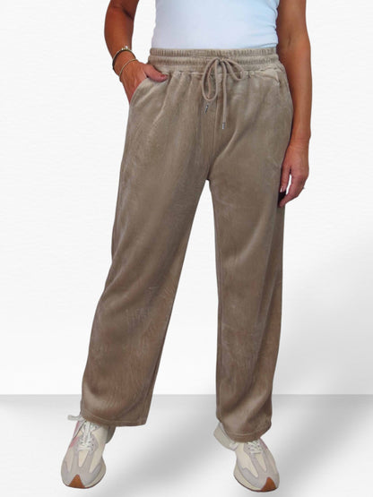 Straight Leg Elastic Waist Corduroy Trousers Beige