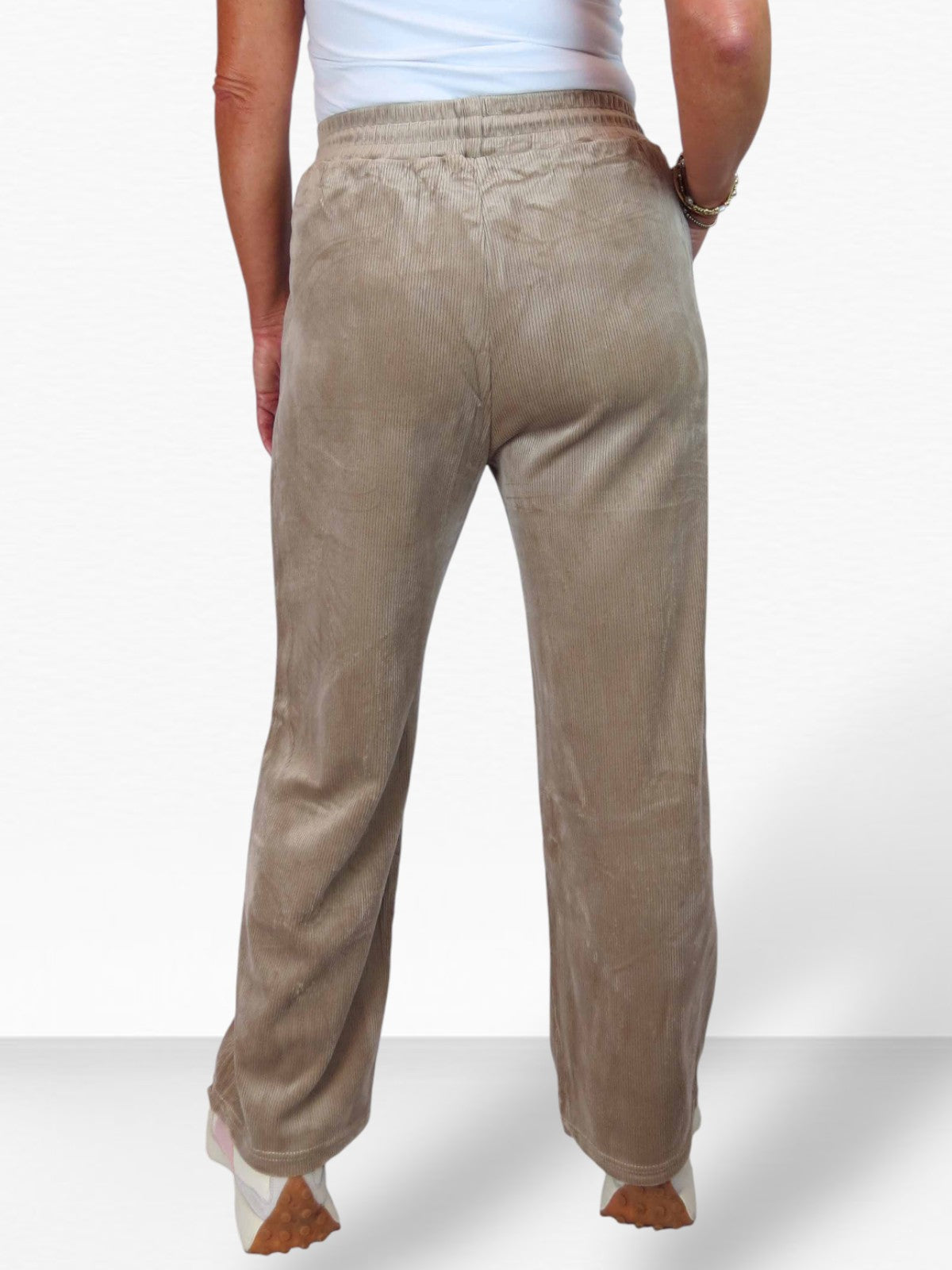 Straight Leg Elastic Waist Corduroy Trousers Beige