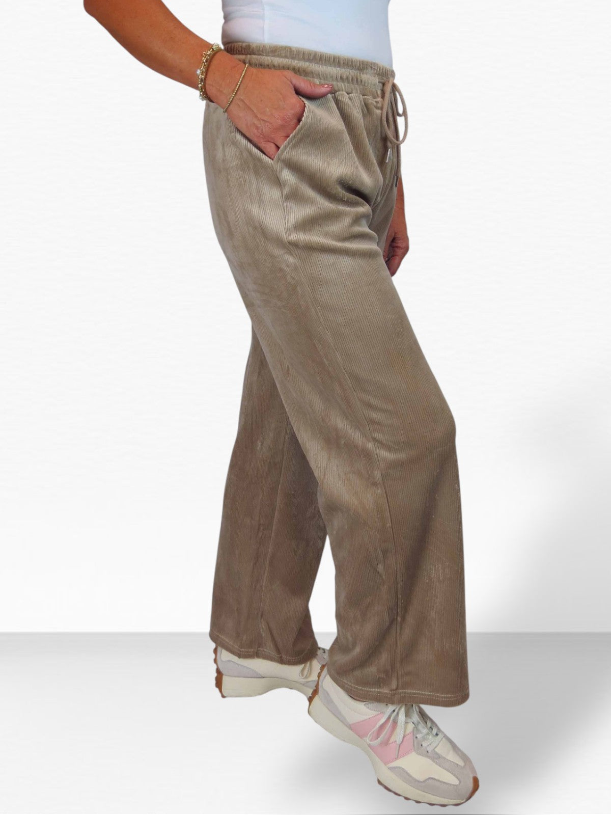 Straight Leg Elastic Waist Corduroy Trousers Beige