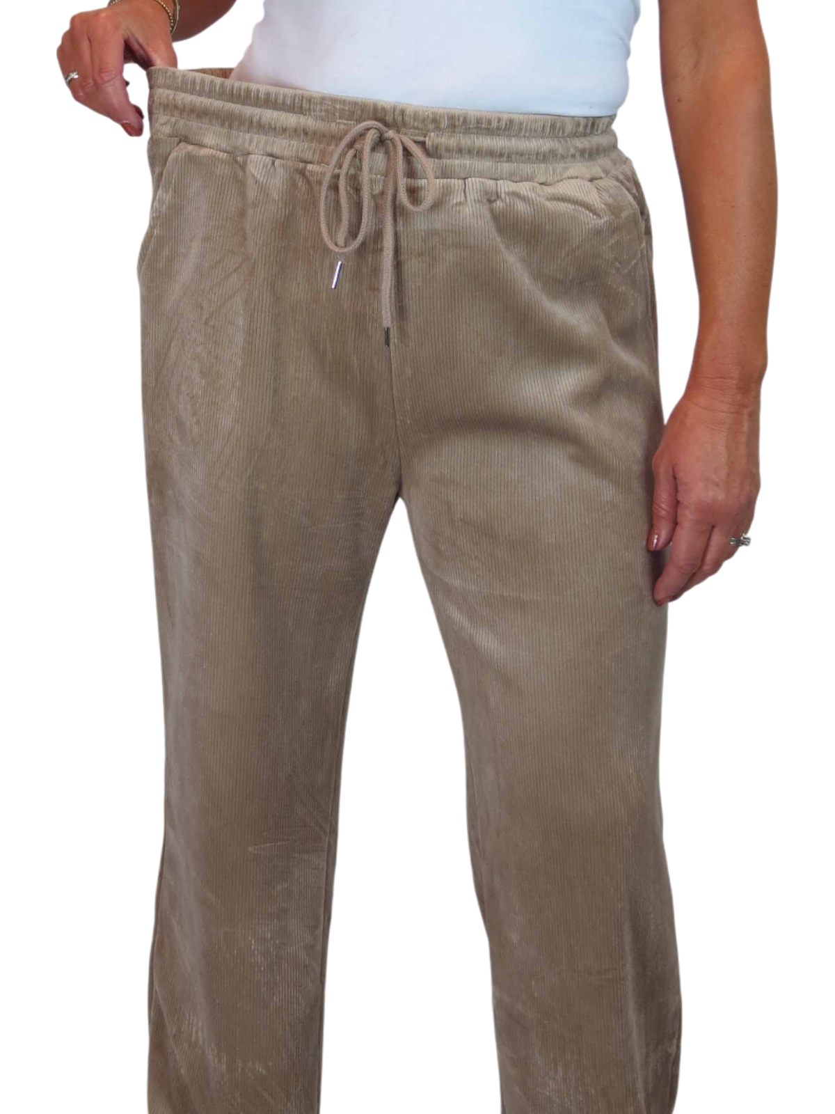 Straight Leg Elastic Waist Corduroy Trousers Beige