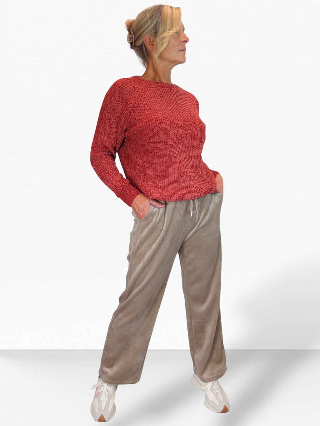 Straight Leg Elastic Waist Corduroy Trousers Beige
