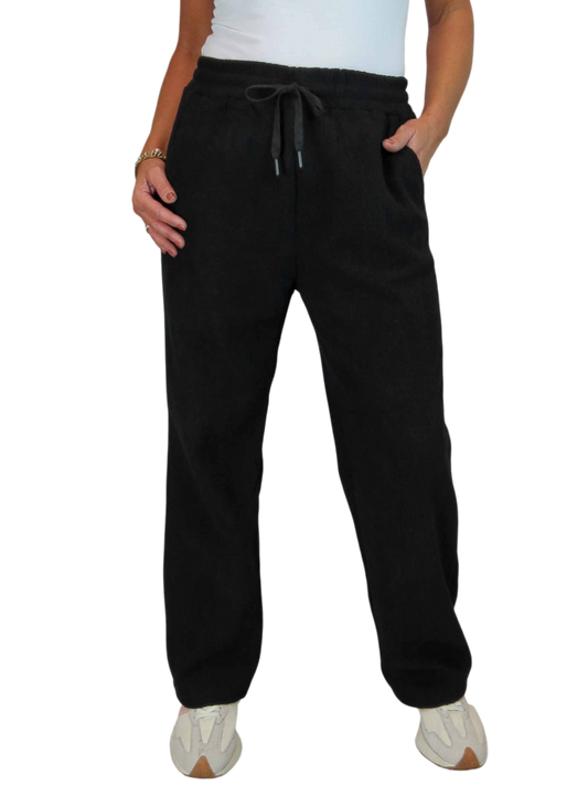 Fleece Lined Waffle Cord Trousers Black