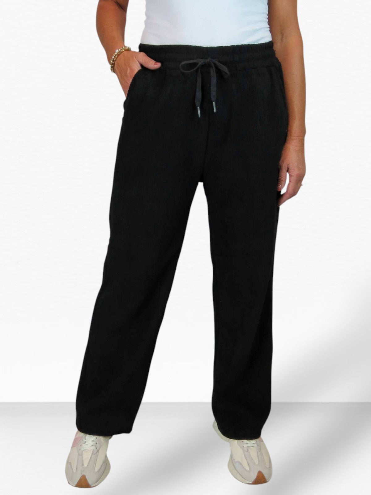 Fleece Lined Waffle Cord Trousers Black