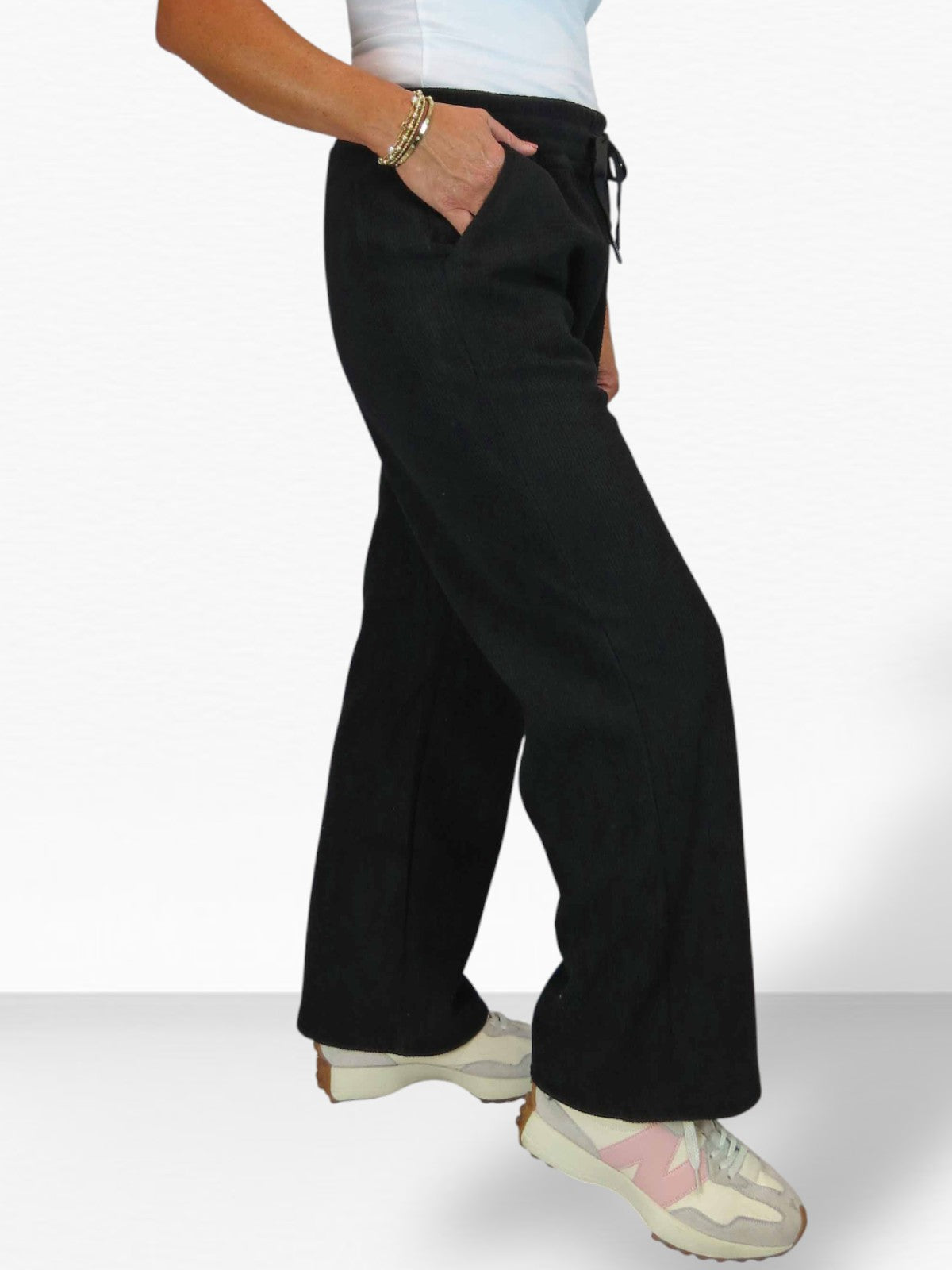 Fleece Lined Waffle Cord Trousers Black