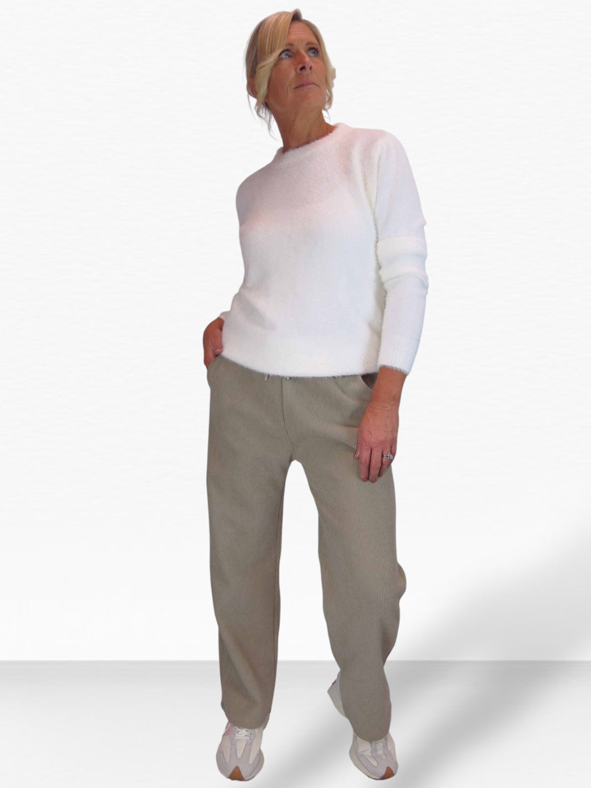 Fleece Lined Waffle Cord Trousers Beige