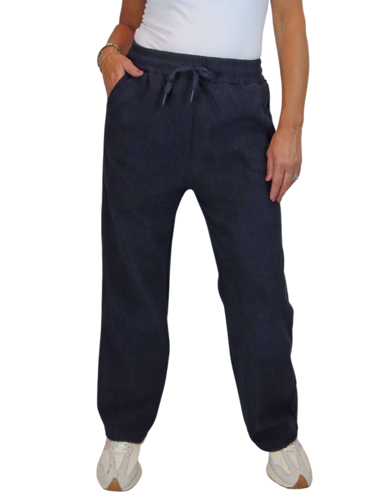 Fleece Lined Waffle Cord Trousers Navy Blue