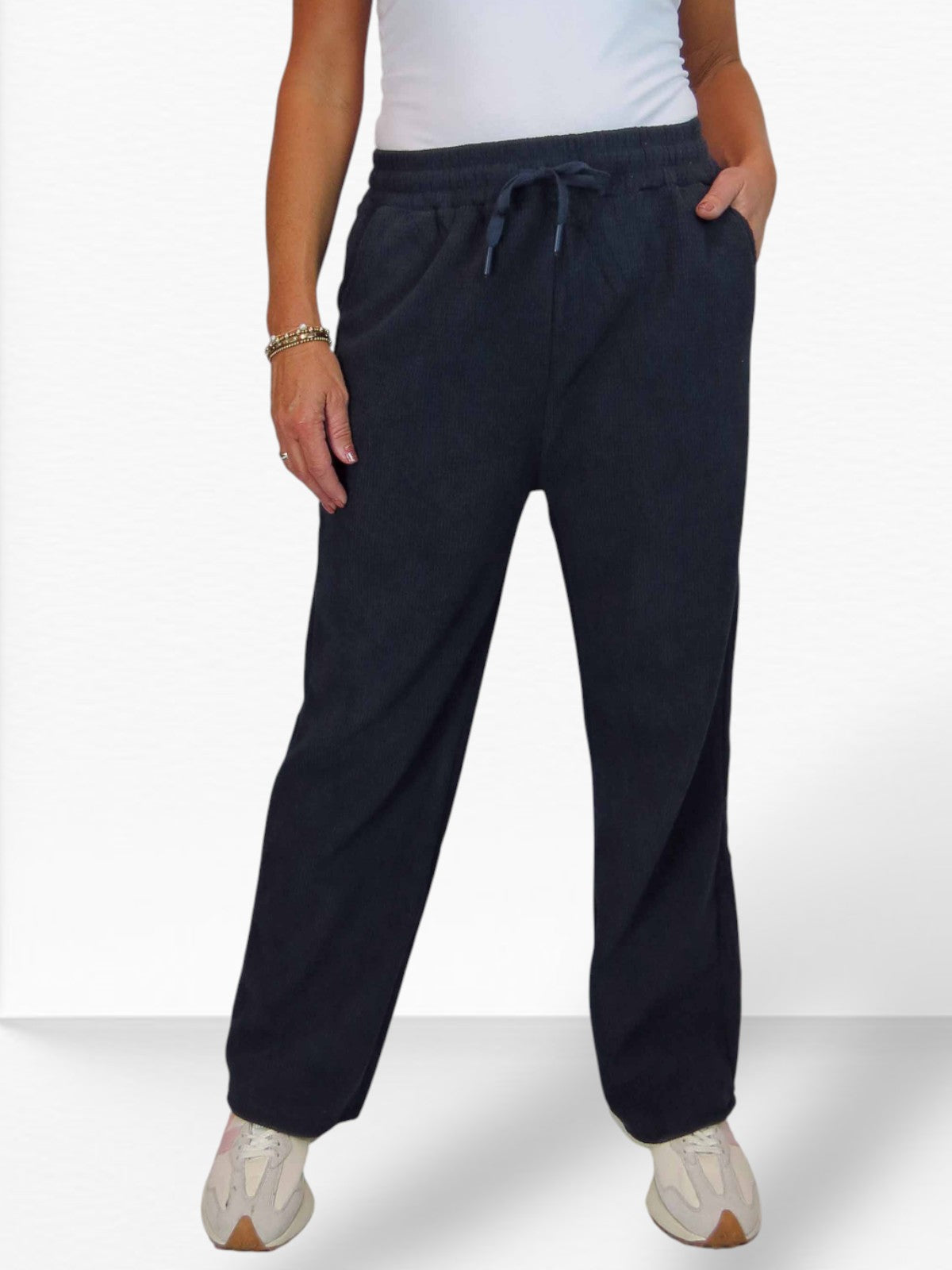 Fleece Lined Waffle Cord Trousers Navy Blue
