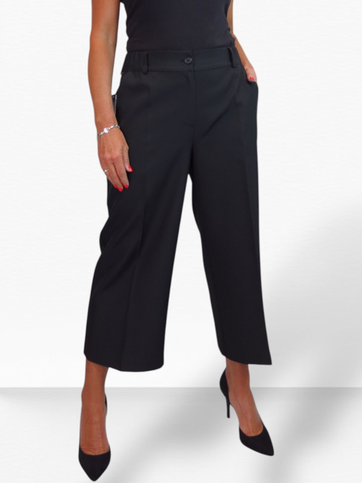 Wide Leg Cropped Tailored Trousers Smart Black