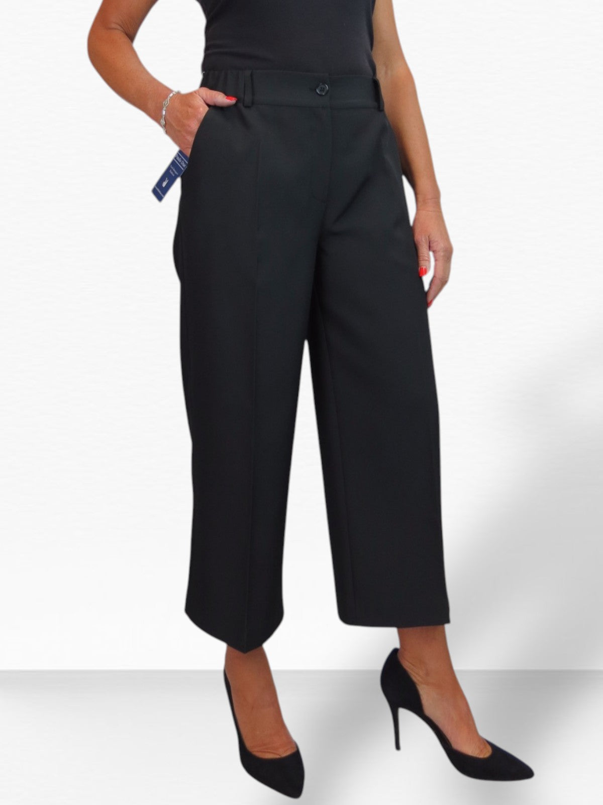 Wide Leg Cropped Tailored Trousers Smart Black