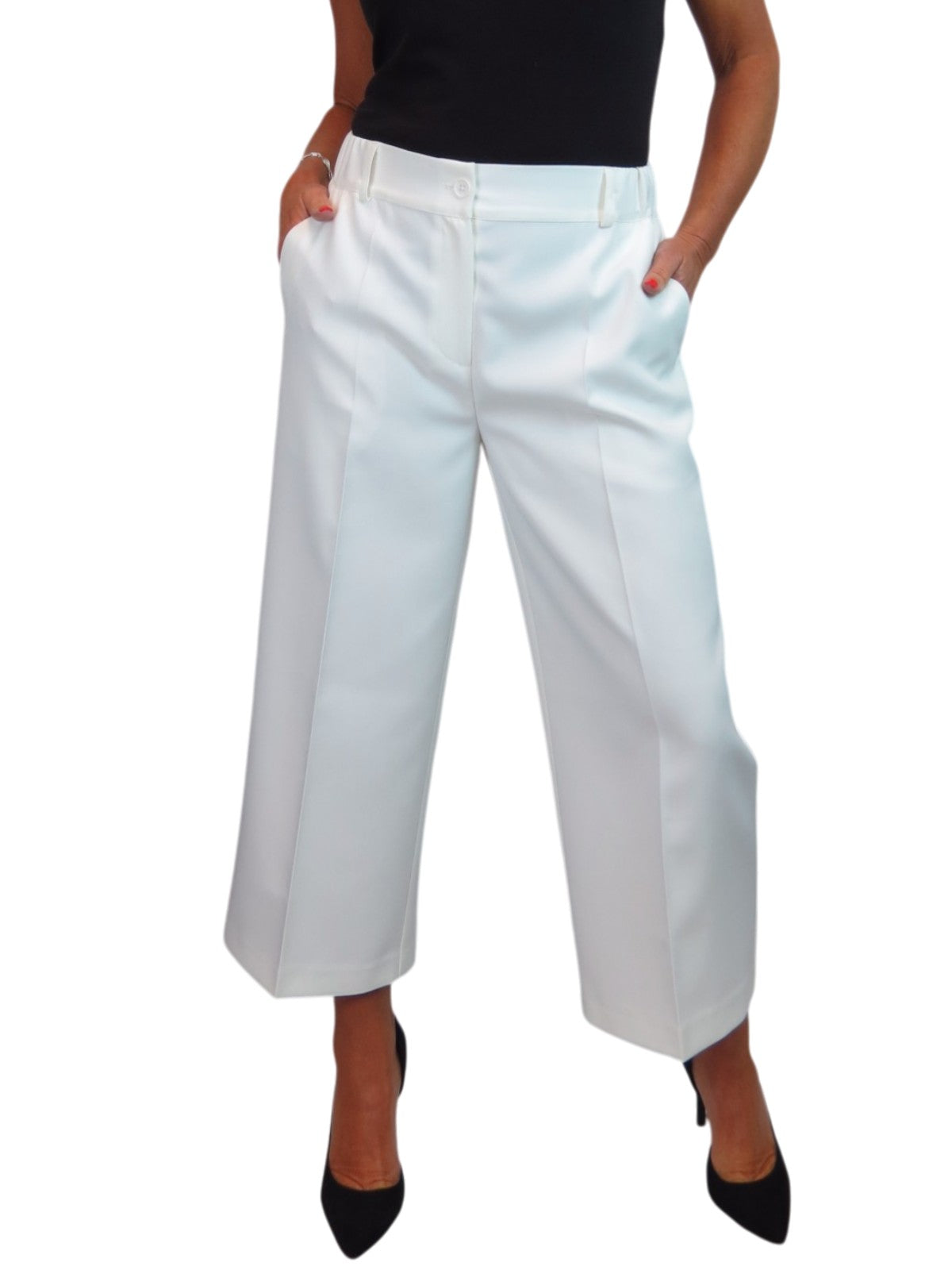 Wide Leg Cropped Tailored Trousers Smart Cream