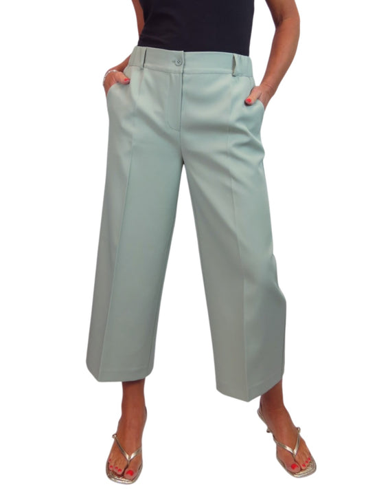 Wide Leg Cropped Tailored Trousers Smart Sage Green