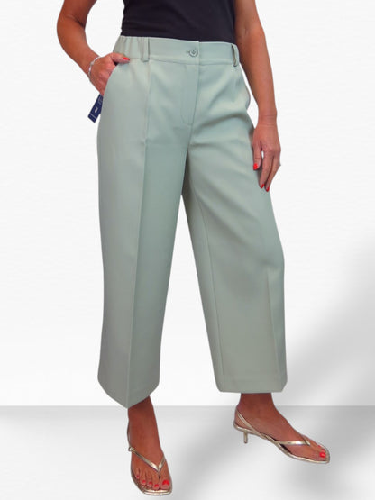 Wide Leg Cropped Tailored Trousers Smart Sage Green