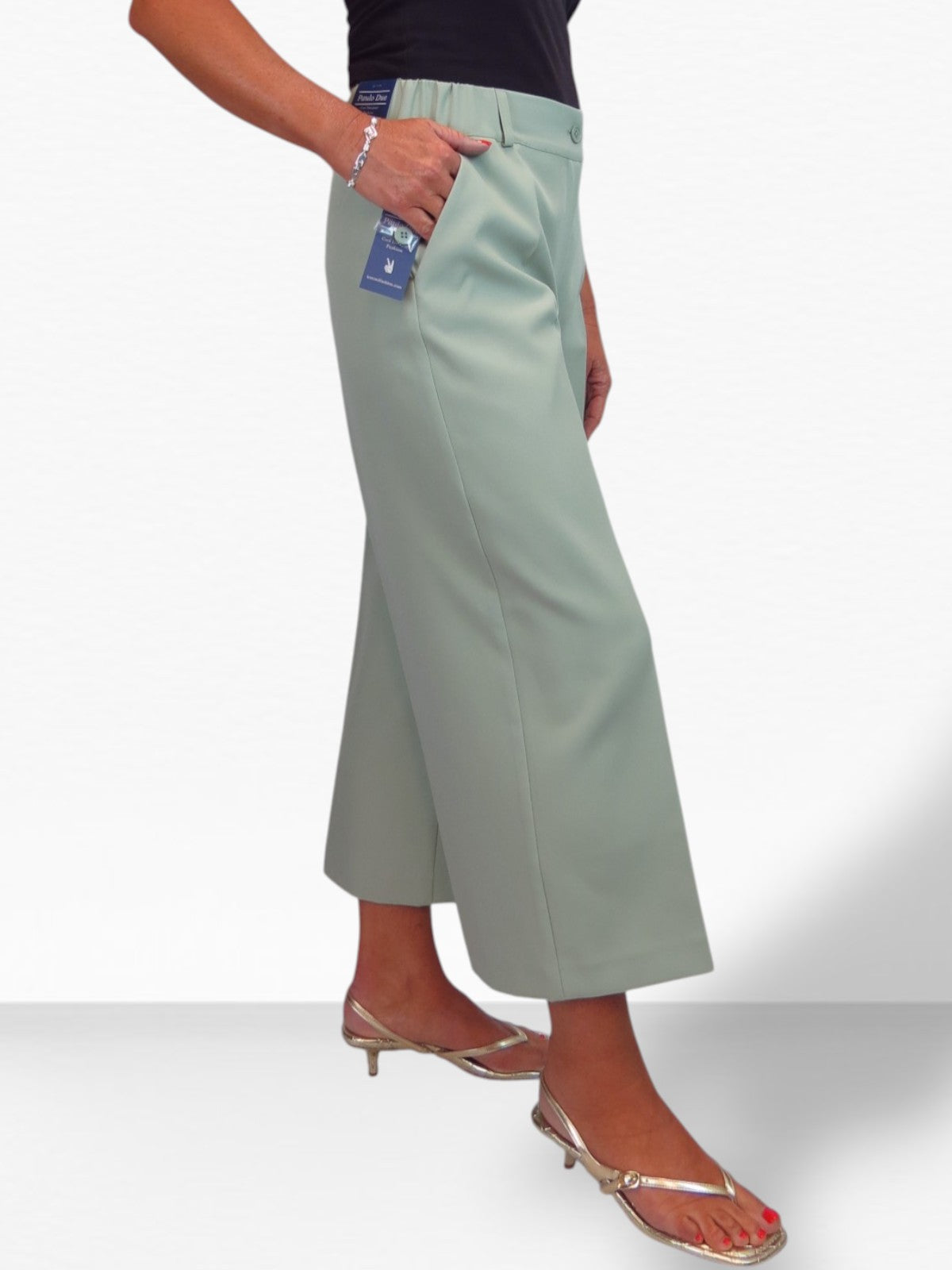Wide Leg Cropped Tailored Trousers Smart Sage Green