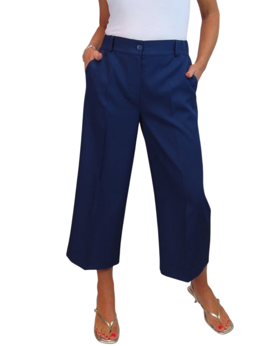Wide Leg Cropped Tailored Trousers Navy Smart Blue