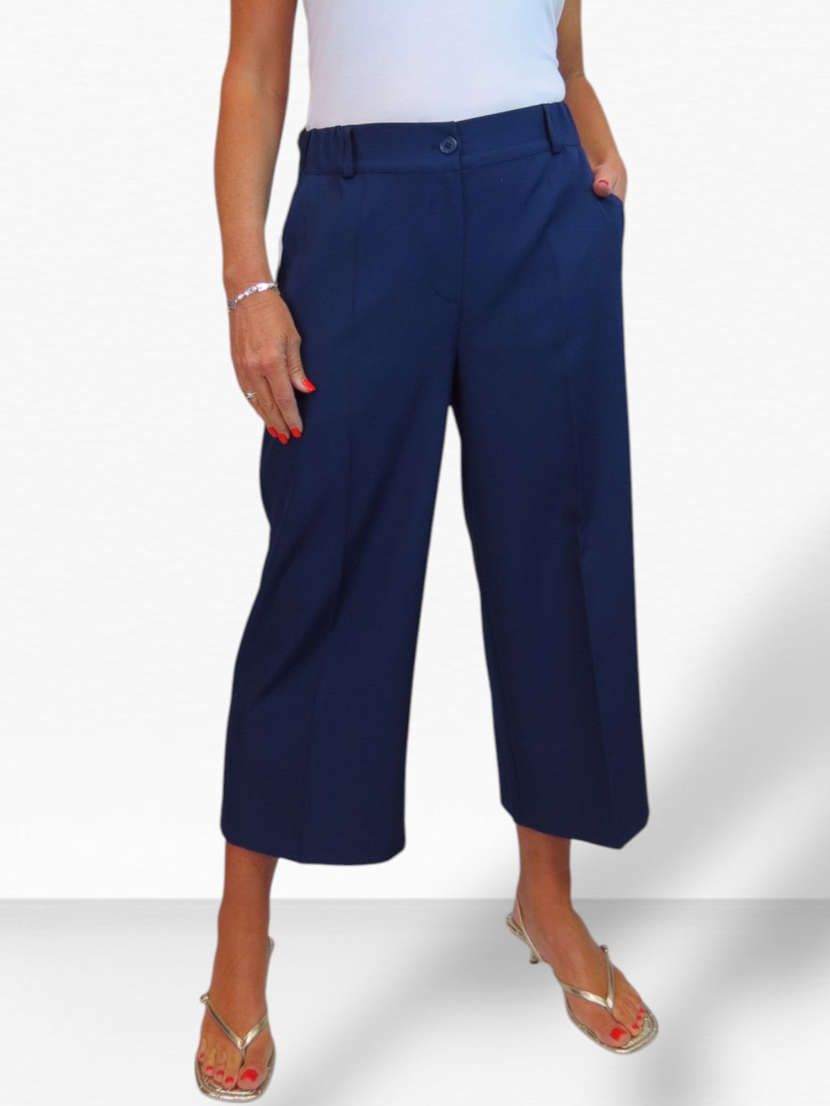 Wide Leg Cropped Tailored Trousers Navy Smart Blue