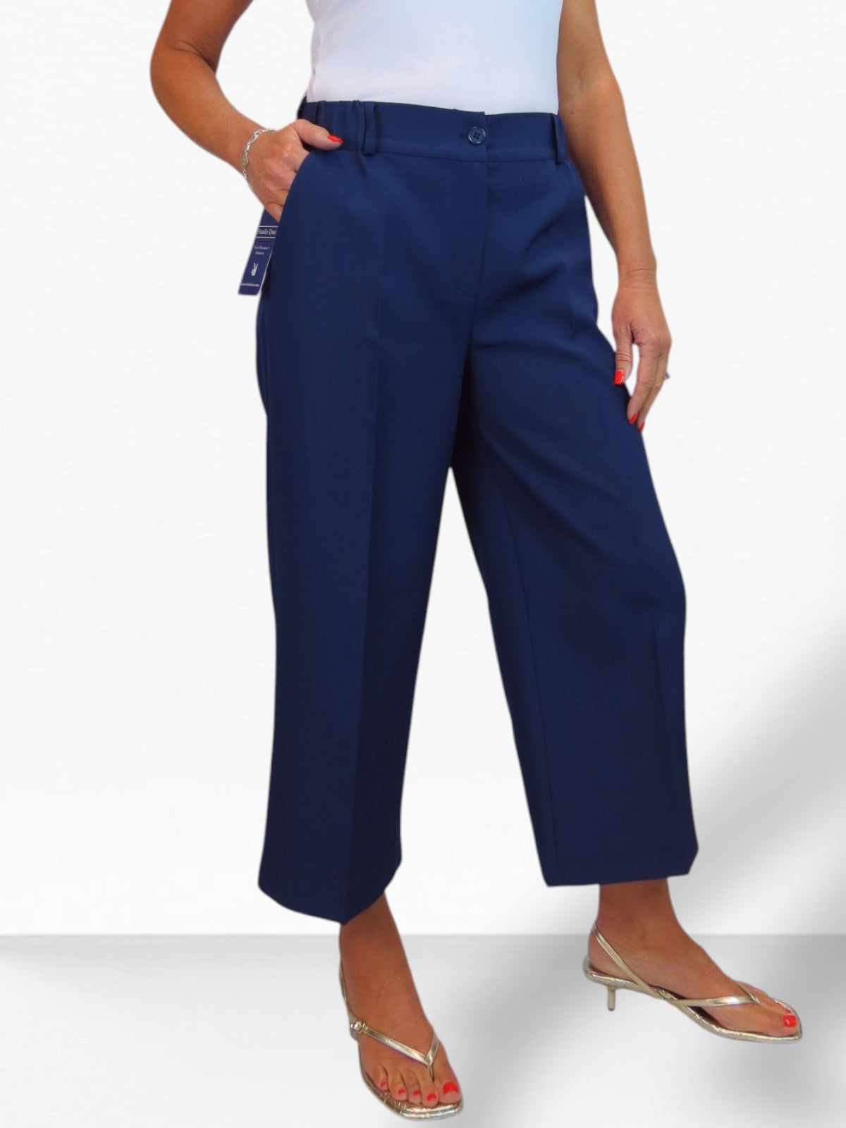 Wide Leg Cropped Tailored Trousers Navy Smart Blue