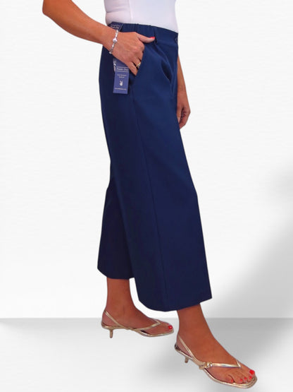 Wide Leg Cropped Tailored Trousers Navy Smart Blue