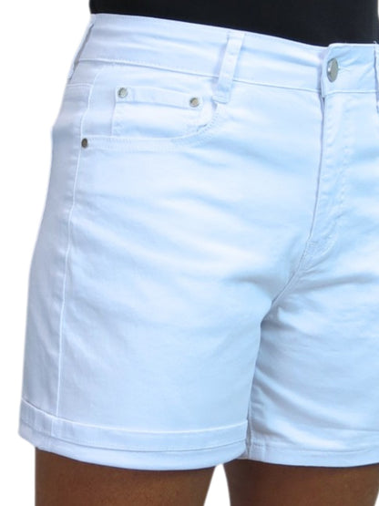 Women's Stretch Denim Coloured Shorts With Turn Up Cuff White