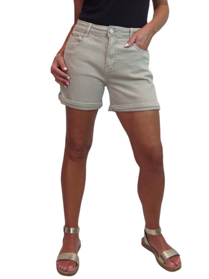 Women's Stretch Denim Coloured Shorts With Turn Up Cuff  Beige