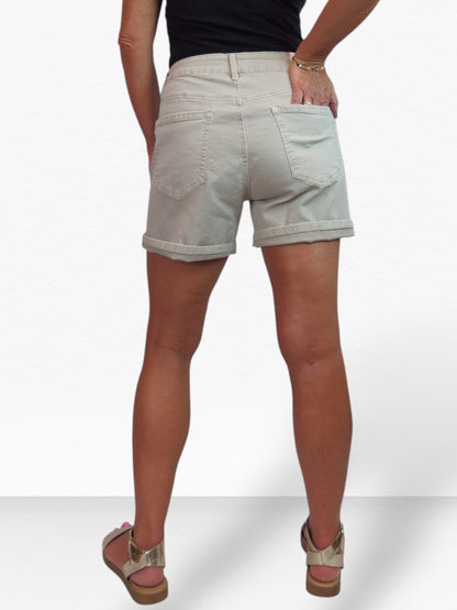 Women's Stretch Denim Coloured Shorts With Turn Up Cuff  Beige