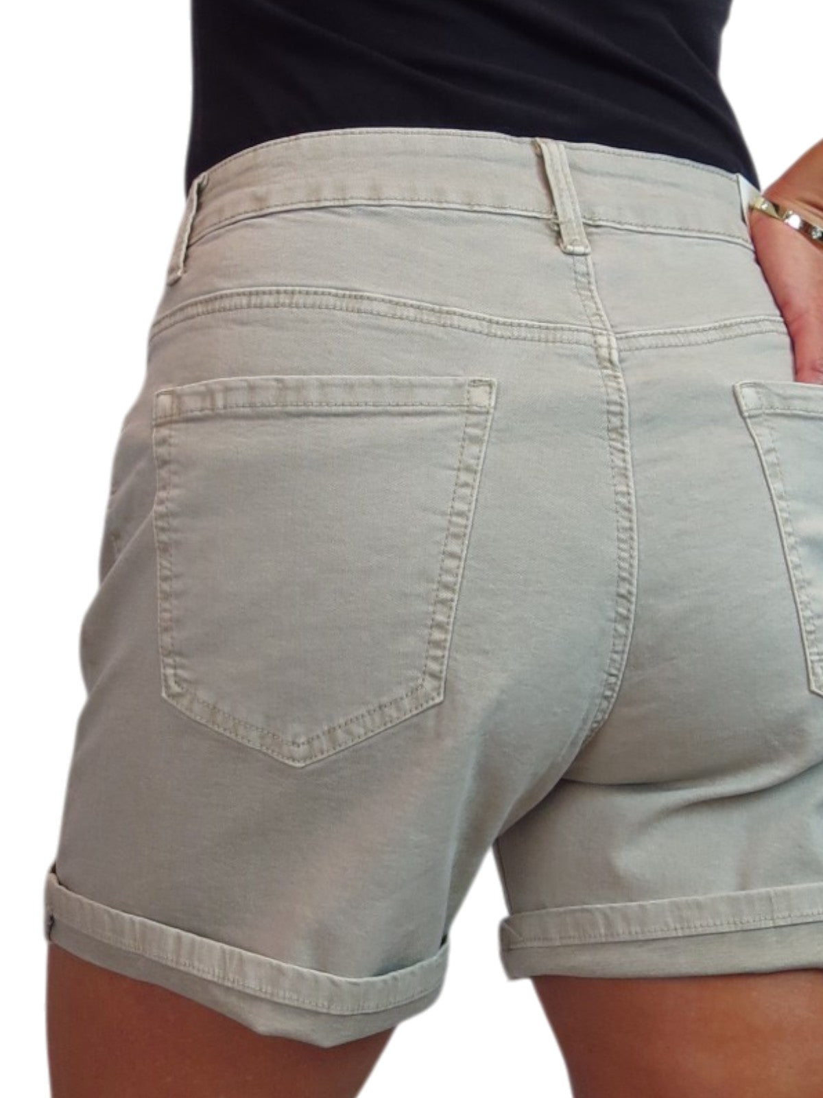 Women's Stretch Denim Coloured Shorts With Turn Up Cuff  Beige