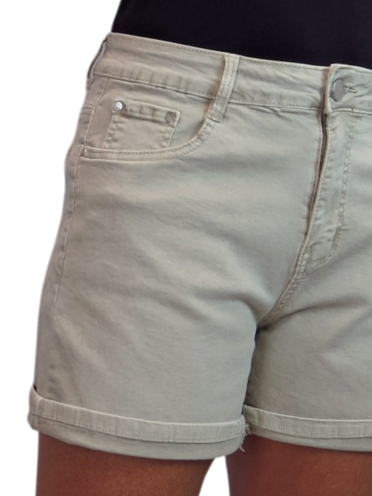 Women's Stretch Denim Coloured Shorts With Turn Up Cuff  Beige