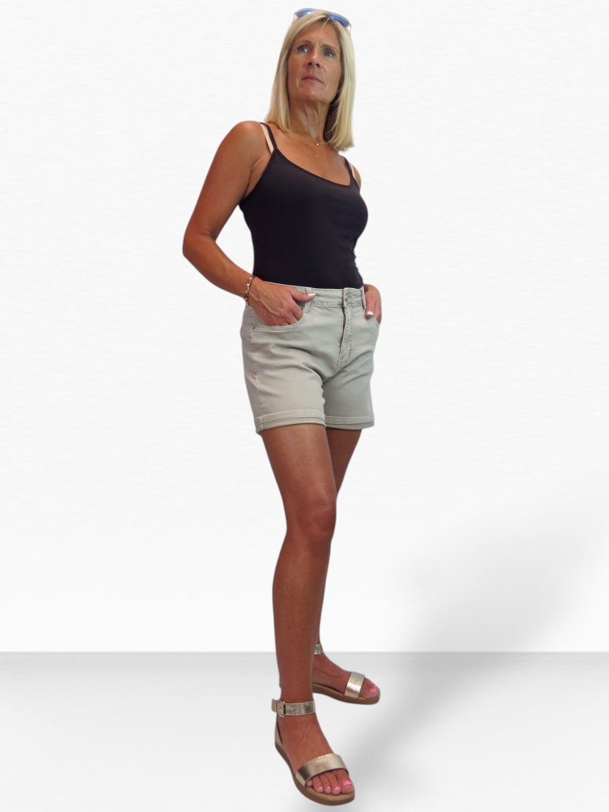 Women's Stretch Denim Coloured Shorts With Turn Up Cuff  Beige