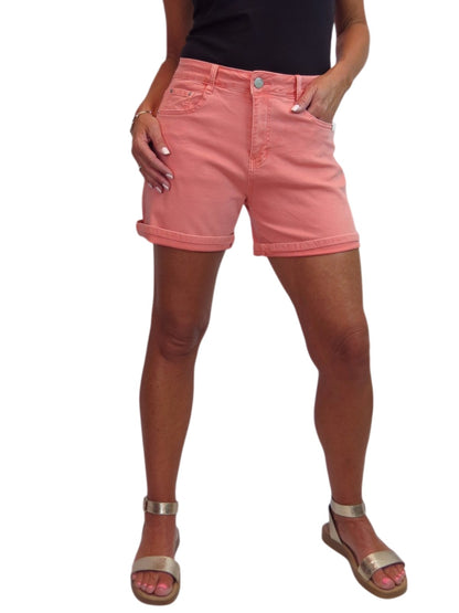 Women's Stretch Denim Coloured Shorts With Turn Up Cuff  Coral