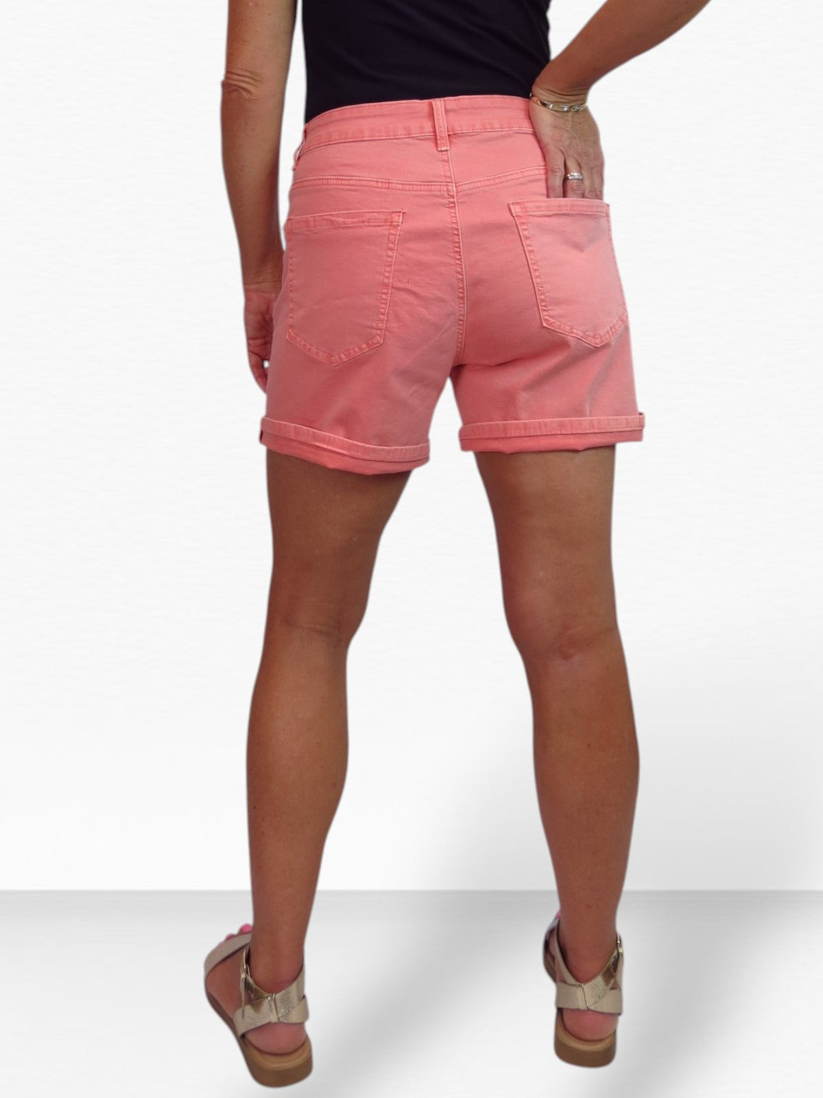 Women's Stretch Denim Coloured Shorts With Turn Up Cuff  Coral