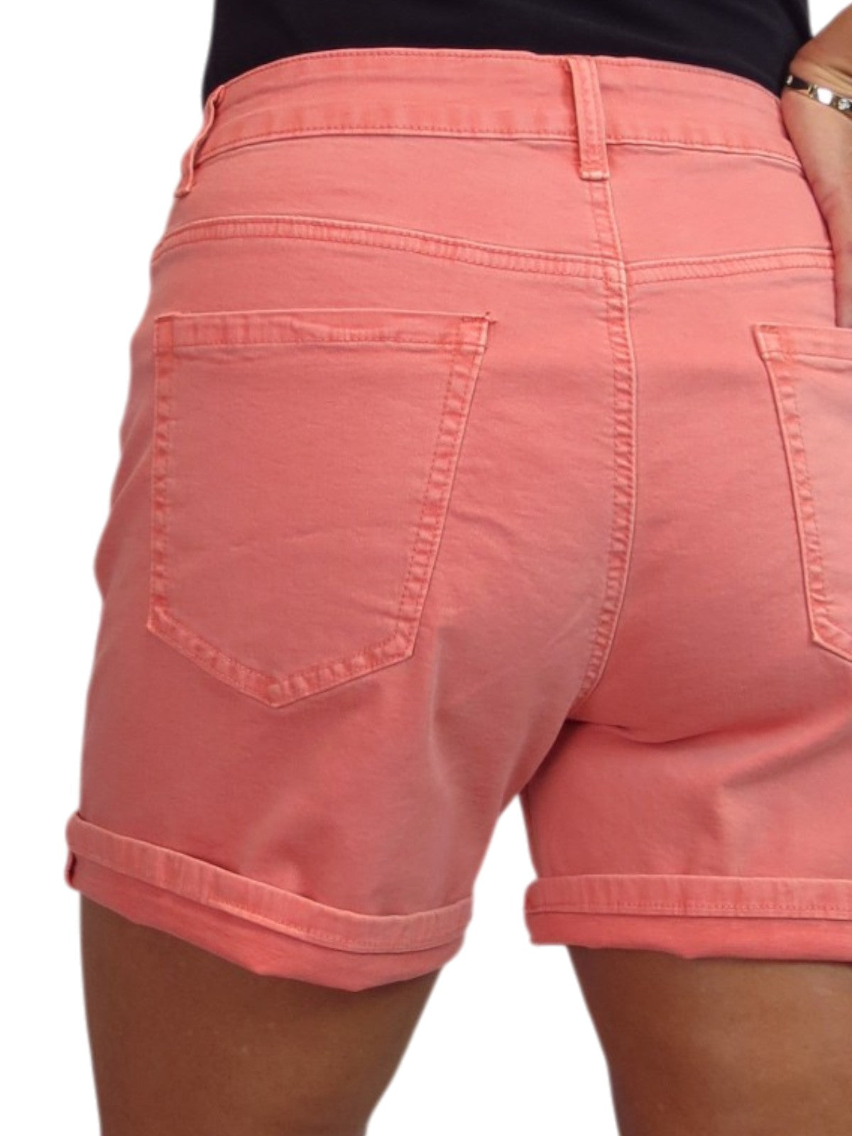 Women's Stretch Denim Coloured Shorts With Turn Up Cuff  Coral