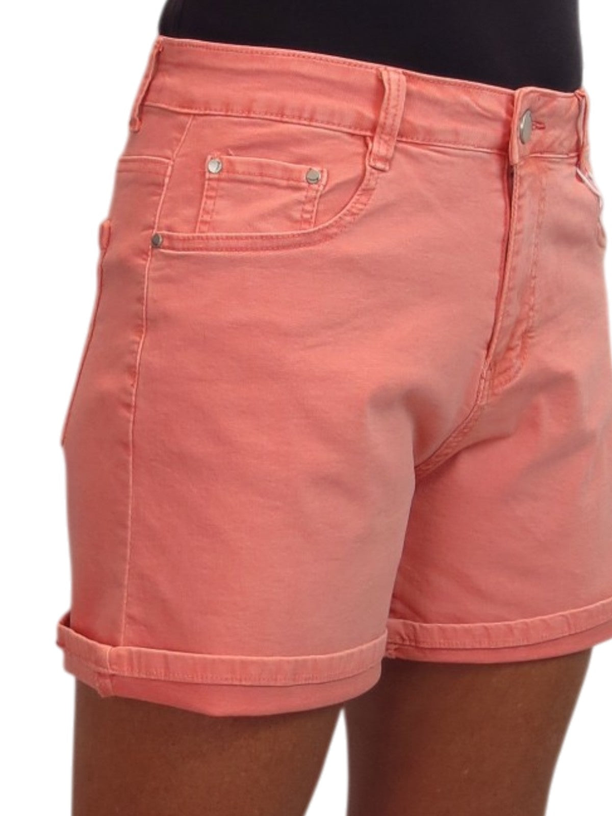 Women's Stretch Denim Coloured Shorts With Turn Up Cuff  Coral