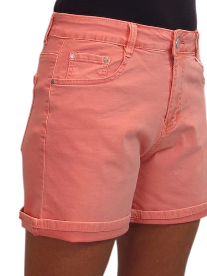 Women's Stretch Denim Coloured Shorts With Turn Up Cuff  Coral