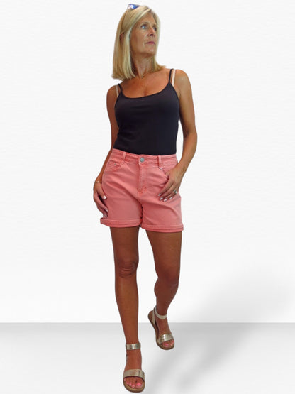 Women's Stretch Denim Coloured Shorts With Turn Up Cuff  Coral