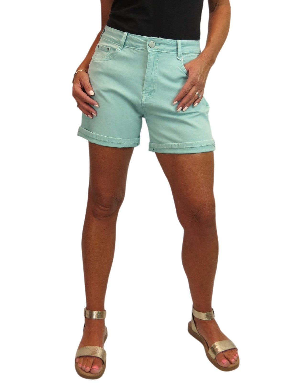 Women's Stretch Denim Coloured Shorts With Turn Up Cuff Mint