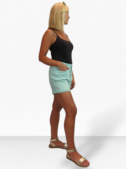 Women's Stretch Denim Coloured Shorts With Turn Up Cuff Mint