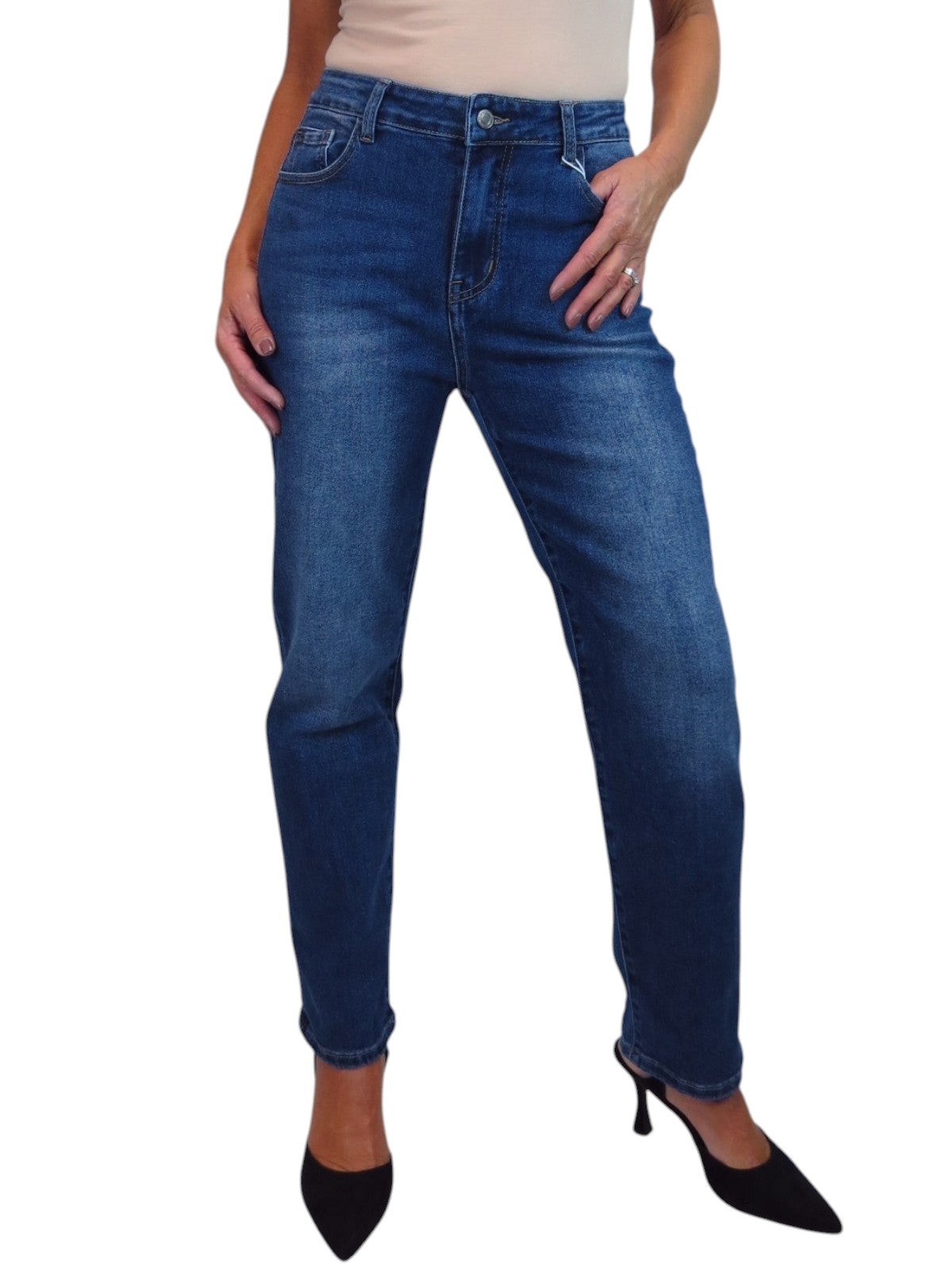 Womens High Waist Stretch Denim Straight Leg Jeans Blue