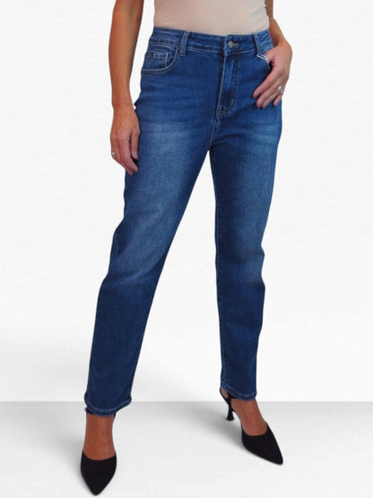 Womens High Waist Stretch Denim Straight Leg Jeans Blue