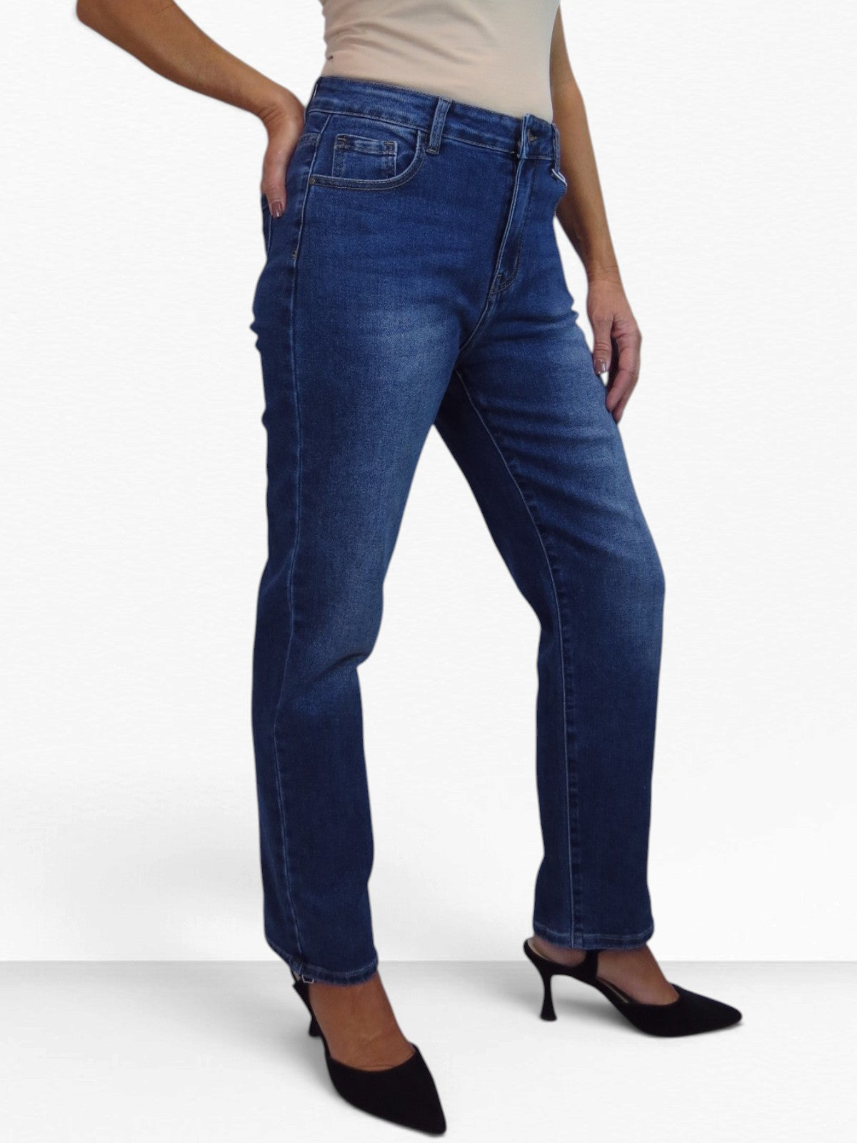 Womens High Waist Stretch Denim Straight Leg Jeans Blue