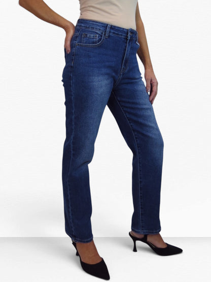 Womens High Waist Stretch Denim Straight Leg Jeans Blue