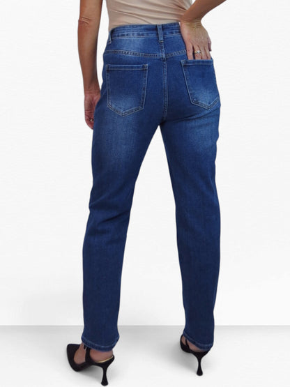 Womens High Waist Stretch Denim Straight Leg Jeans Blue