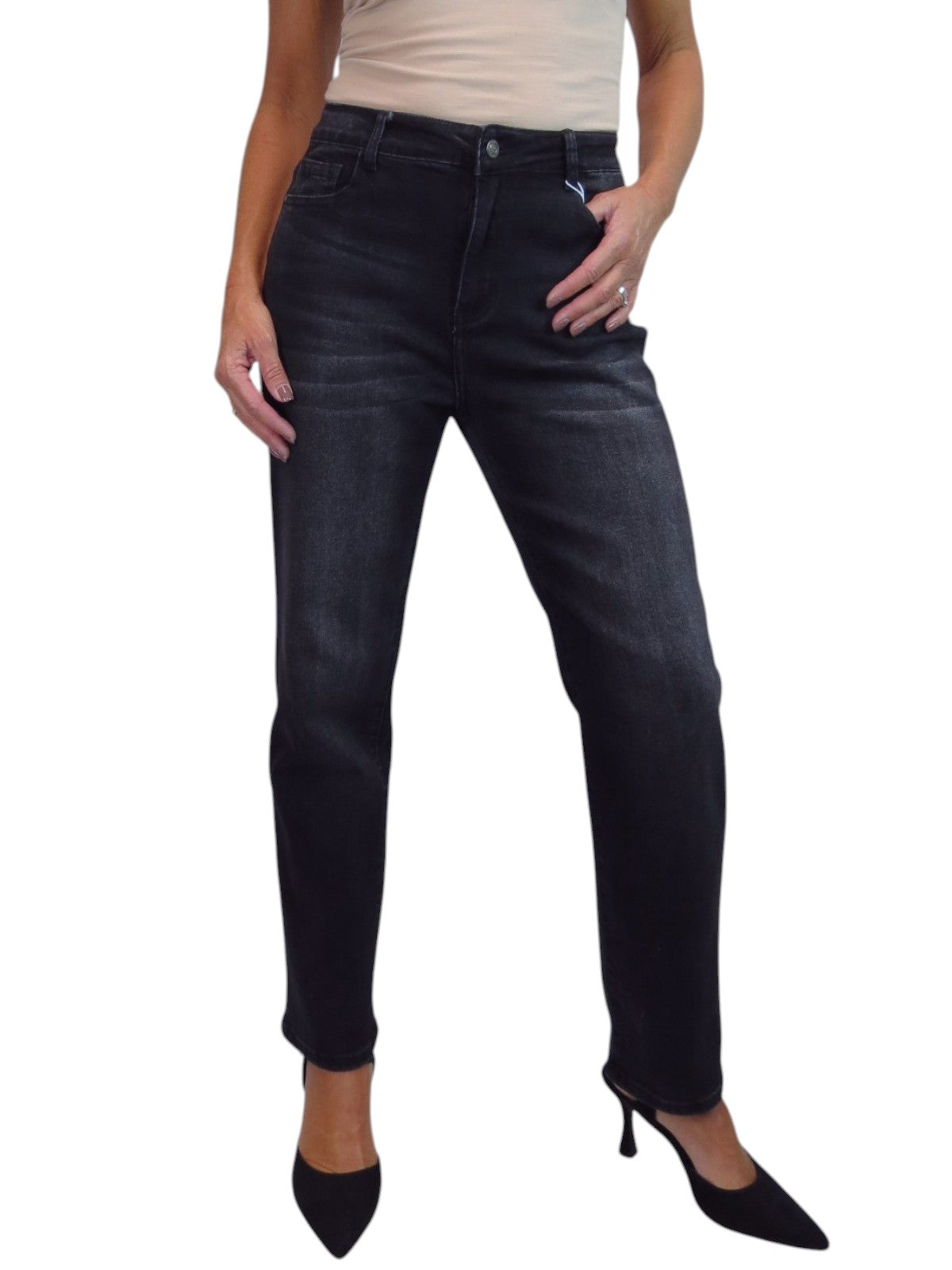 Womens High Waist Stretch Denim Straight Leg Jeans Black
