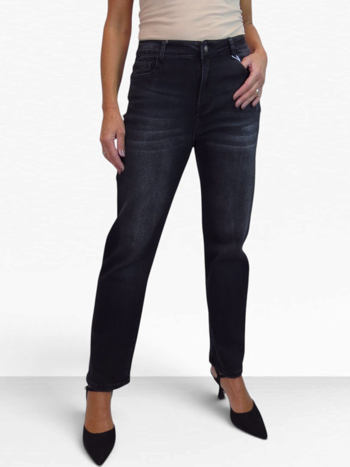 Womens High Waist Stretch Denim Straight Leg Jeans Black